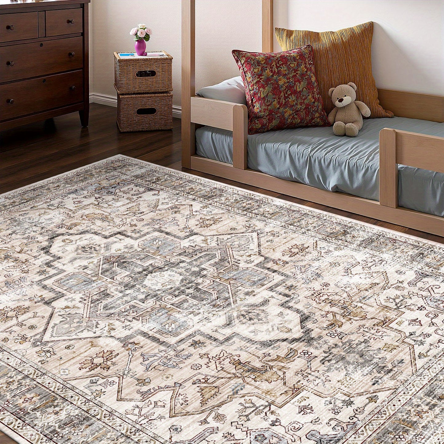 Bohemian Beige Washable Area Rugs for Living Room and Bedroom