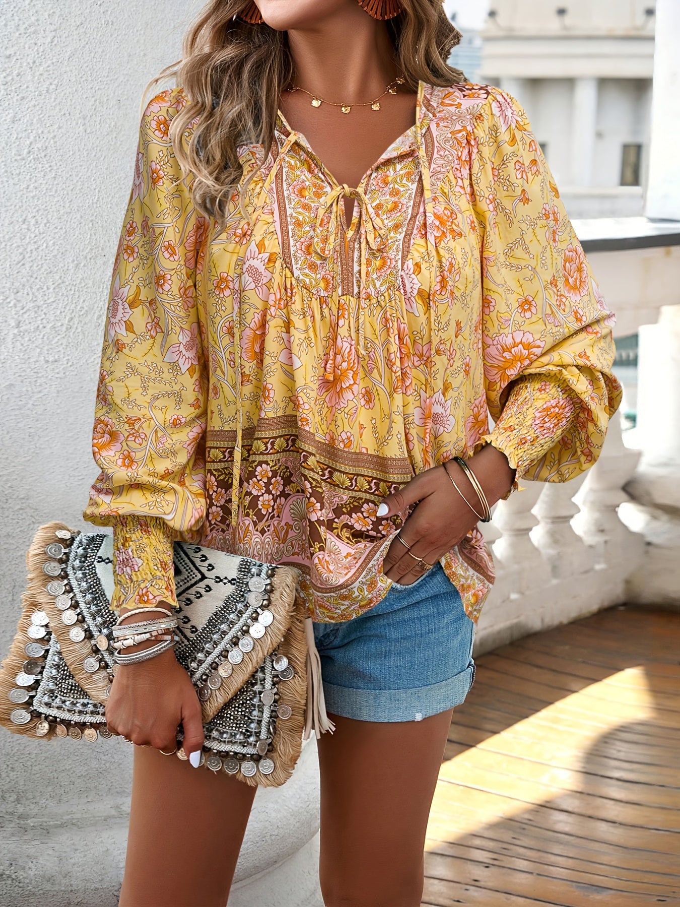 Floral Print V Neck Blouse With Drawstring Long Sleeves