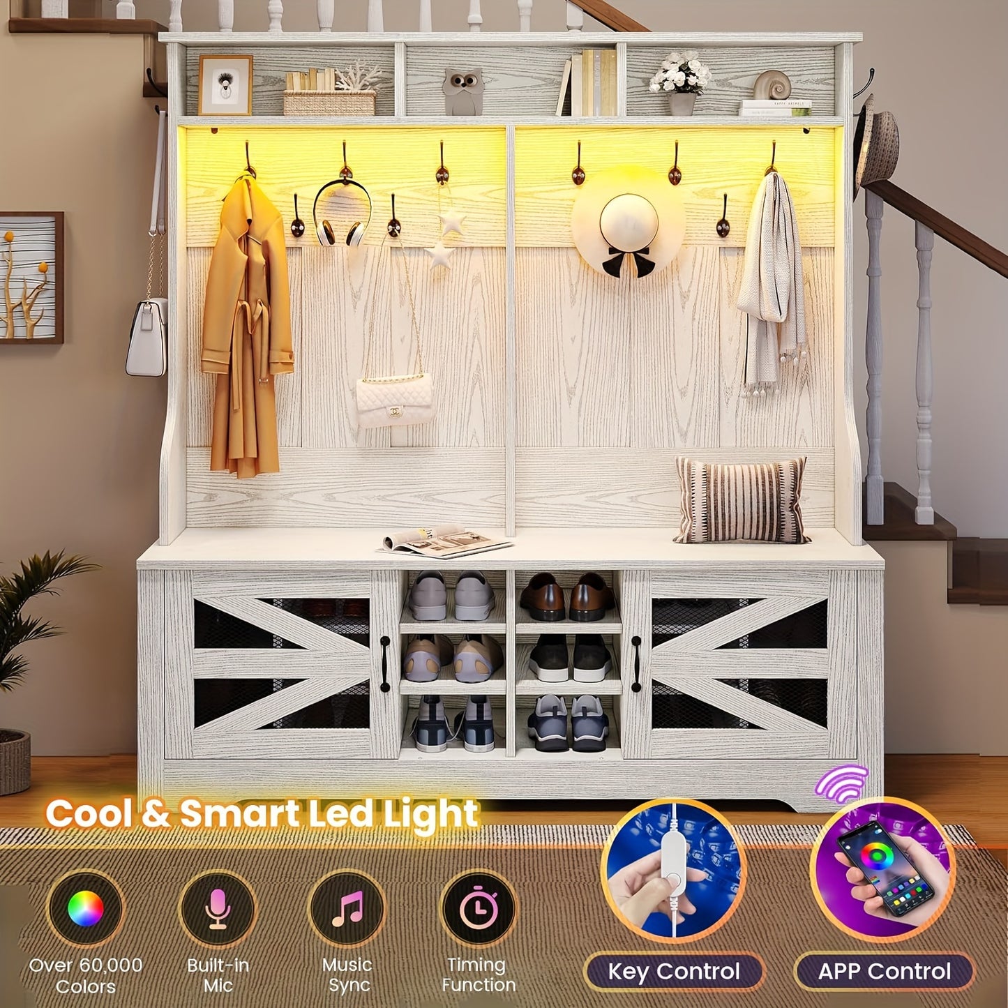 5-in-1 Hall Tree Bench with Shoe Storage and Coat Rack