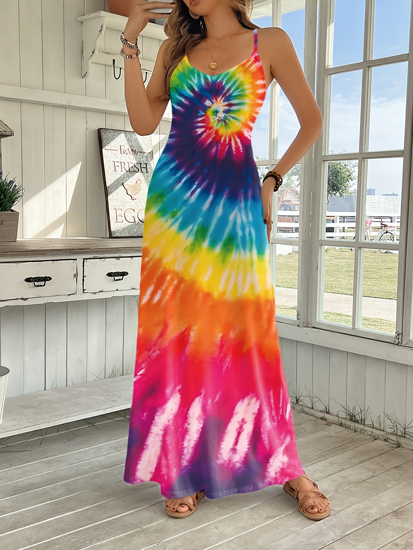 Ladies Fashionable Tie Dye Suspender Dress for Spring Summer