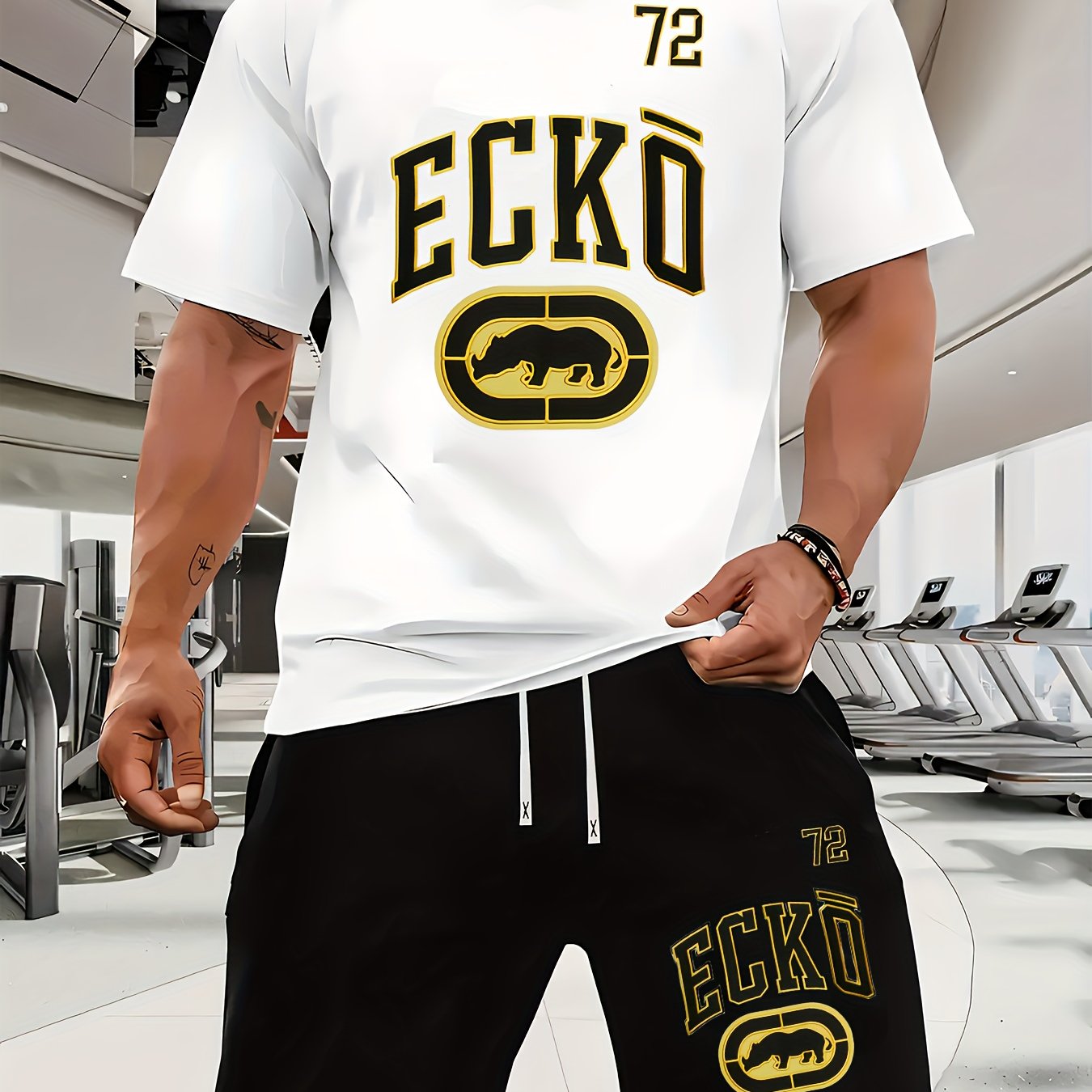 Men's Casual Rhino Badge Print T-Shirt and Shorts Set