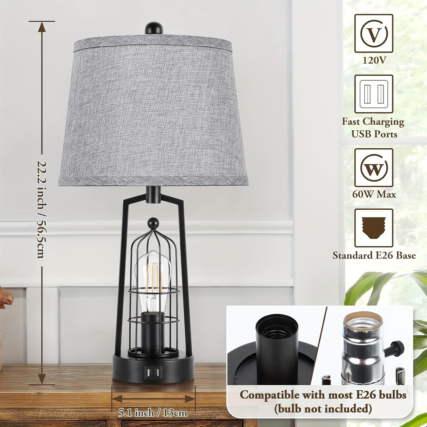 Rustic Farmhouse Table Lamps with USB Ports for Stylish Decor