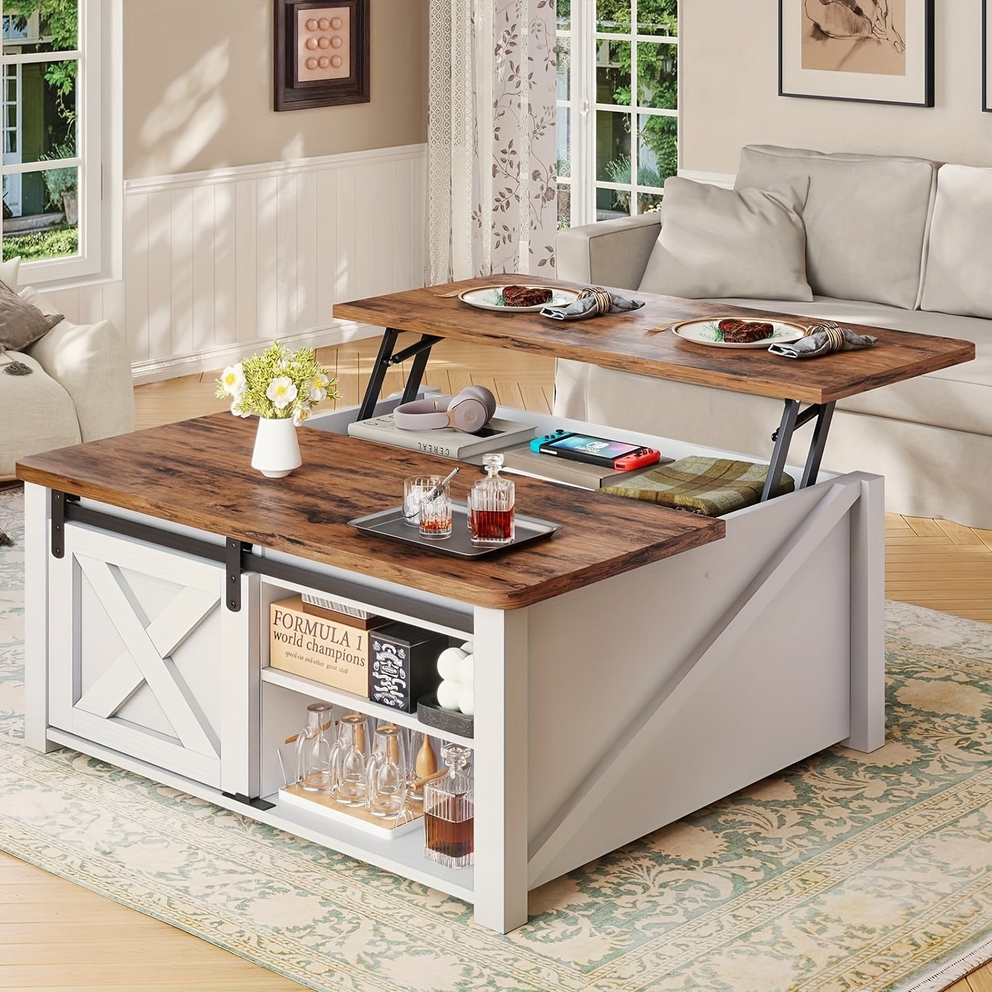 Farmhouse Lift Top Coffee Table with Hidden Storage Compartment