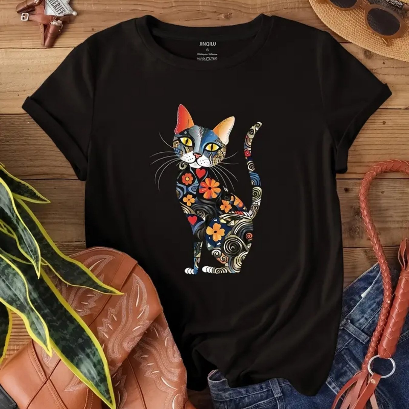 Watercolor Cat Printed Casual T-Shirt for Women
